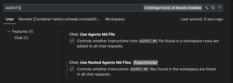 Use Agents.md Files Setting
